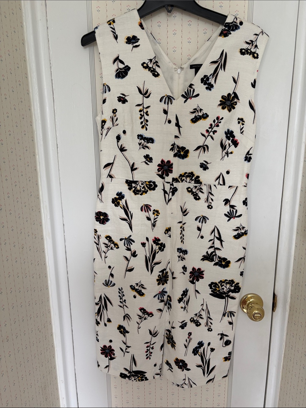 Ann Taylor Cream Textured Dress with Black and Blue Floral Print